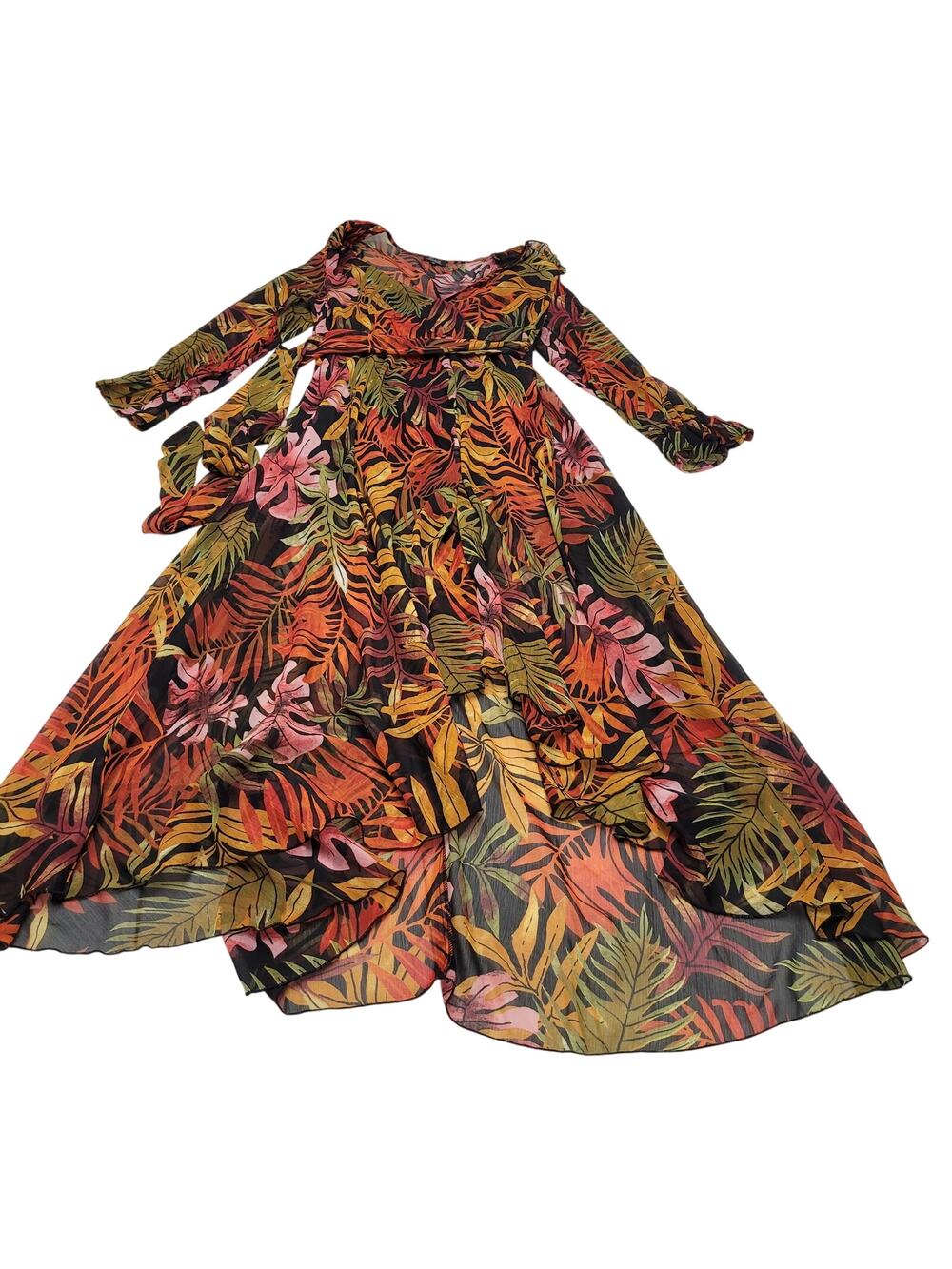 Spy zone exchange tropical tie waist maxi dress sheer vacation resort chiffon